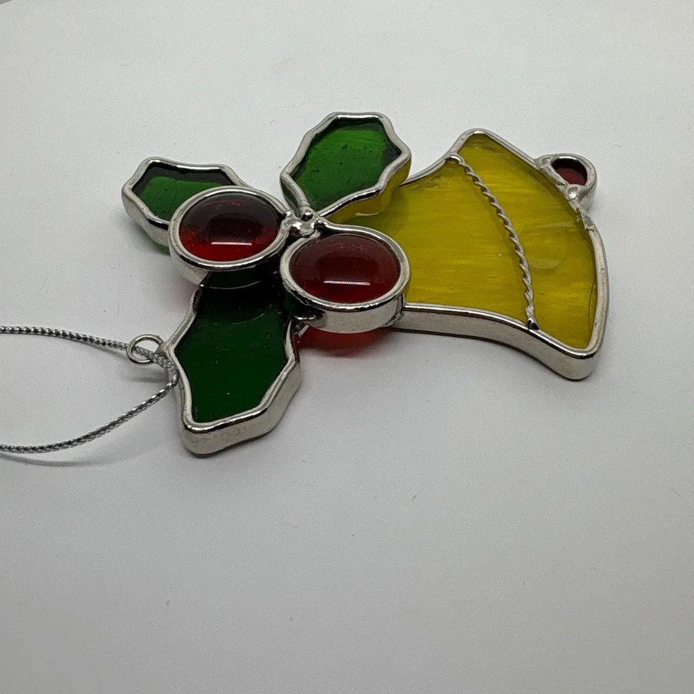Stained Glass Bell Ornament Holly Berries Christmas Tree Decor Festive Red Green